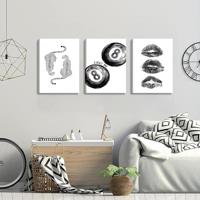 BOKPEN Trendy Black and White Leopard Canvas Wall Art, Funky Y2k Lucky 8 Ball