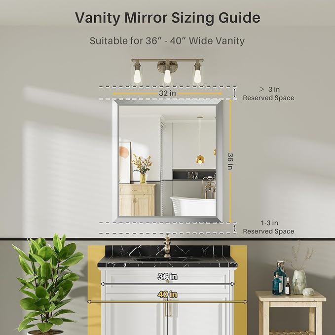 36x32 Inch Brushed Silver Bathroom Mirror