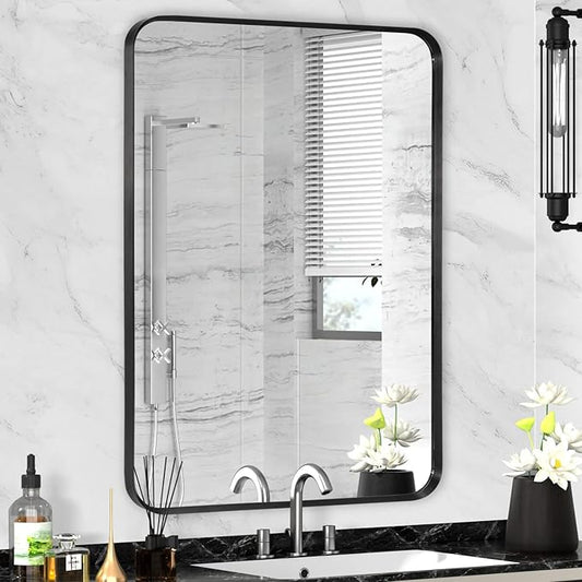 Wall Mount Mirror for Bathroom, Brushed Black Metal Framed Rounded Corner