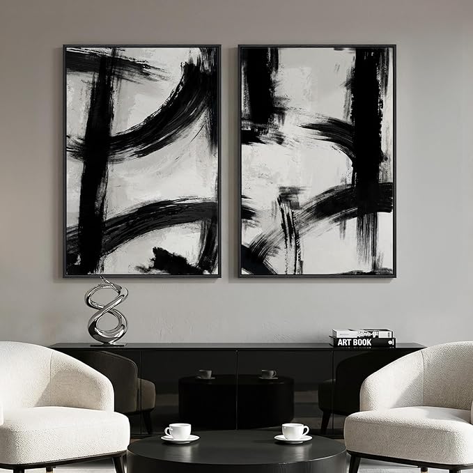 Framed Black and White Abstract Wall Art Set of 2
