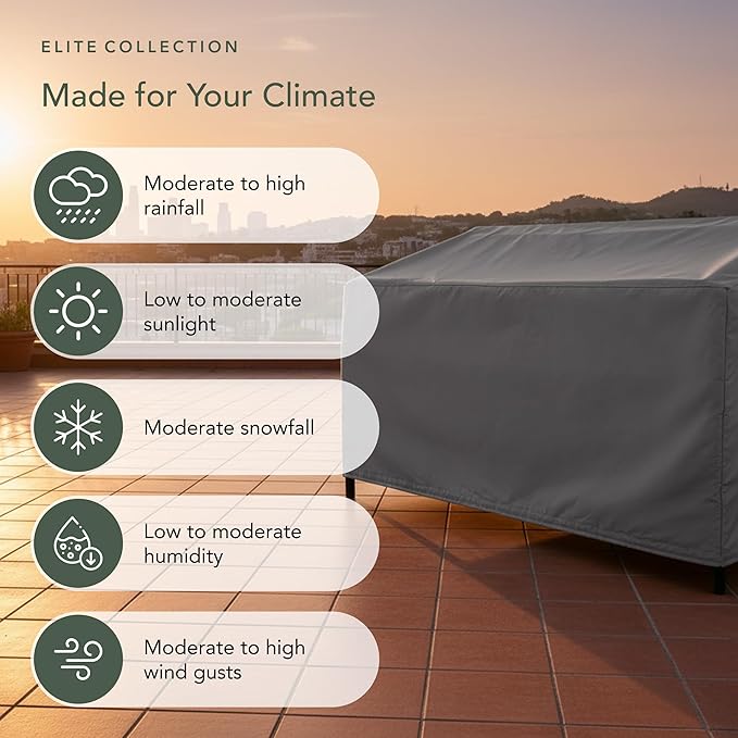 Covermates Elite Outdoor Patio Sofa Cover – Water-Resistant 300D Polyester, Double-Stitched Seams, Elastic Hem, Auto-Locking Drawcord & Mesh Vent for Moderate Weather, 48W x 26D x 34H, Charcoal