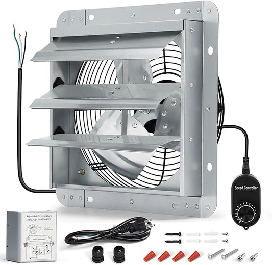 12 Inch Shutter Exhaust Fan, Wall Mount Attic Fan with Thermostat and Speed Controller for Greenhouses, Sheds, Garages, Chicken Coops, Barns Ventilation, 970 CFM