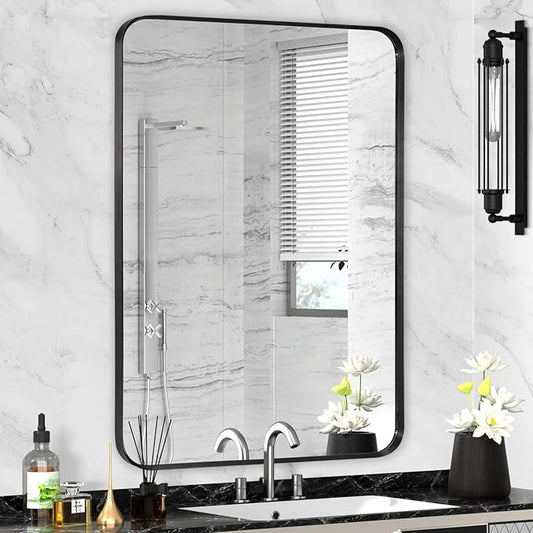 Wall Mount Mirror for Bathroom, Brushed Black Metal Framed Rounded Corner