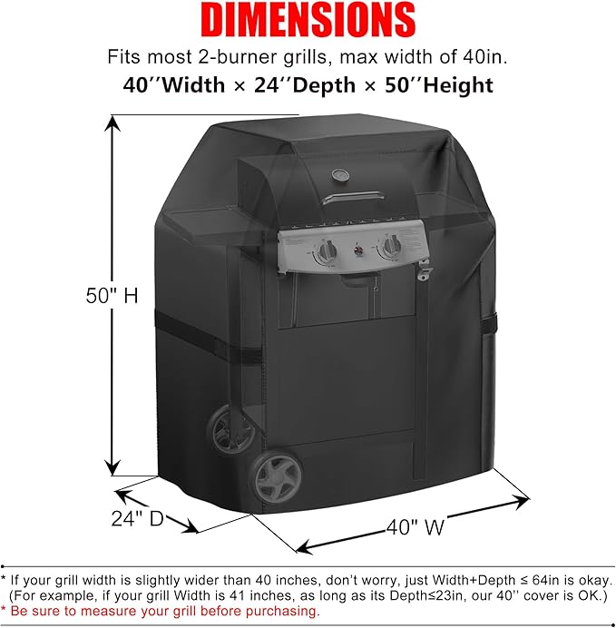 Grill Cover, 40 inch Heavy Duty BBQ Gas Grill Cover for Outdoor Grill, Waterproof, Weather Resistant, Anti-UV, Rip-Proof, Fade Resistant Barbecue Cover with Hook-and-Loop Straps for Most Grills