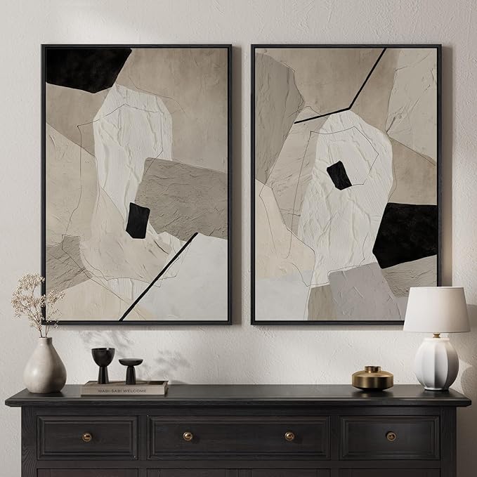 Framed Neutral Beige and Black Abstract Wall Art