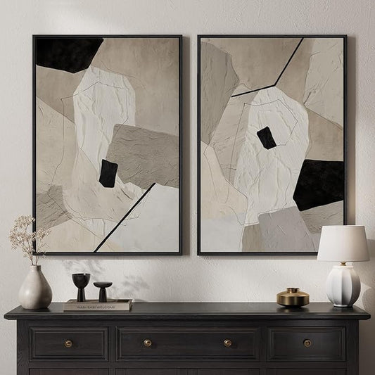 Framed Neutral Beige and Black Abstract Wall Art