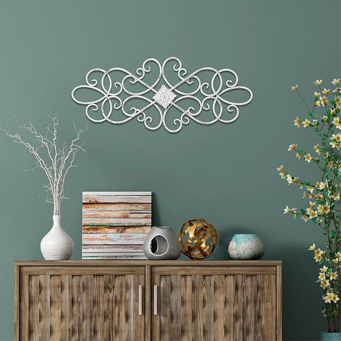 Sintosin White Flower Scroll Metal Wall Art Decor 32" x 13", Hanging Vintage Large Floral Wrought Iron Wall Decor, Farmhouse Wall Sculptures Decorations for Living Room Bedroom Indoor Outdoor