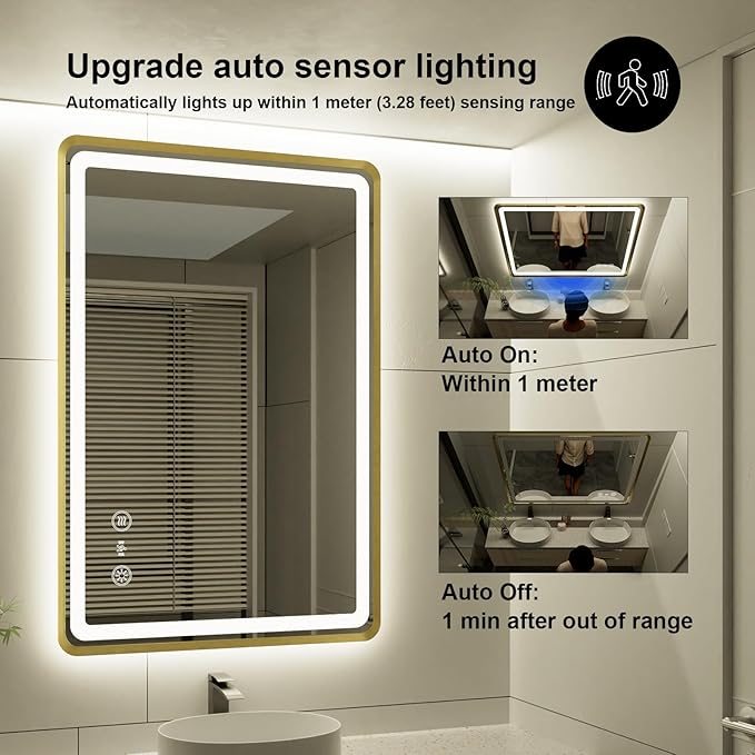 24x36 Inch Gold Framed LED Bathroom Mirror, Smart Bathroom Mirror