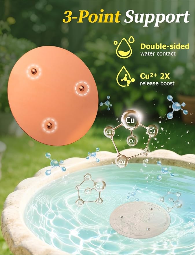 Mellbree 2-Pack Bird Bath Copper Disc, 0.6mm Reinforced 99.99% Pure Copper Cleaning Disk with Triple-Point Support for Physical Safe Clean Water, Universal Fit for Outdoor Birdbath, Bowl (Sunflower)