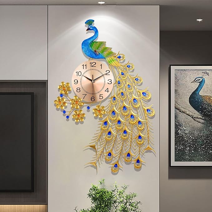 Large Peacock Wall Clock for Living Room Decor, Mid Century Decorative Big Wall