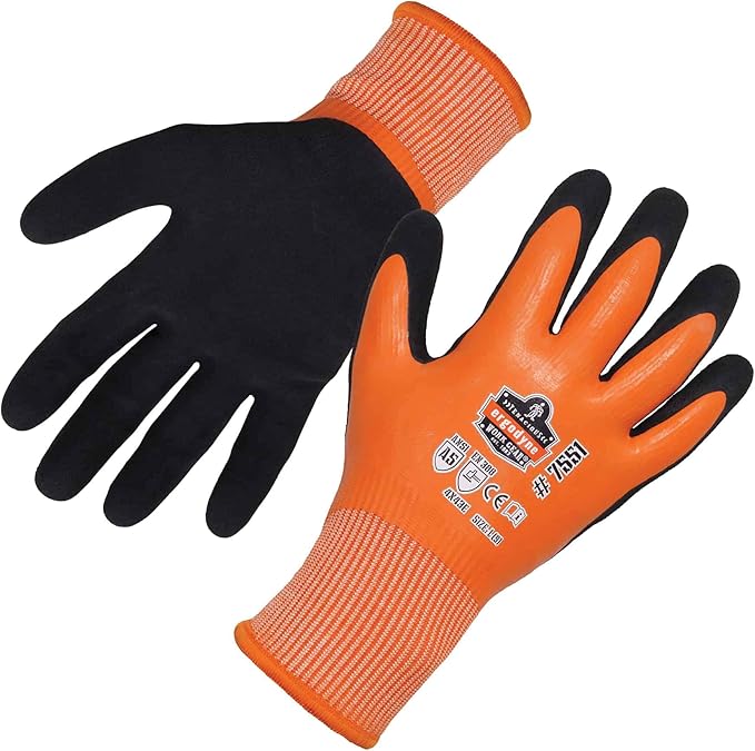Ergodyne ProFlex 7551 Coated Waterproof Winter Work Gloves - A5 Cut-Resistant, orange,small,count of 2
