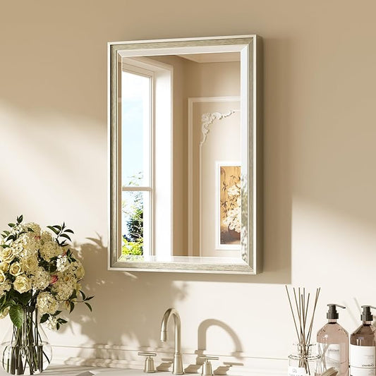 Keonjinn 16" x 24" Brushed Nickel Framed Mirror, Decorative Aluminum Alloy Frame