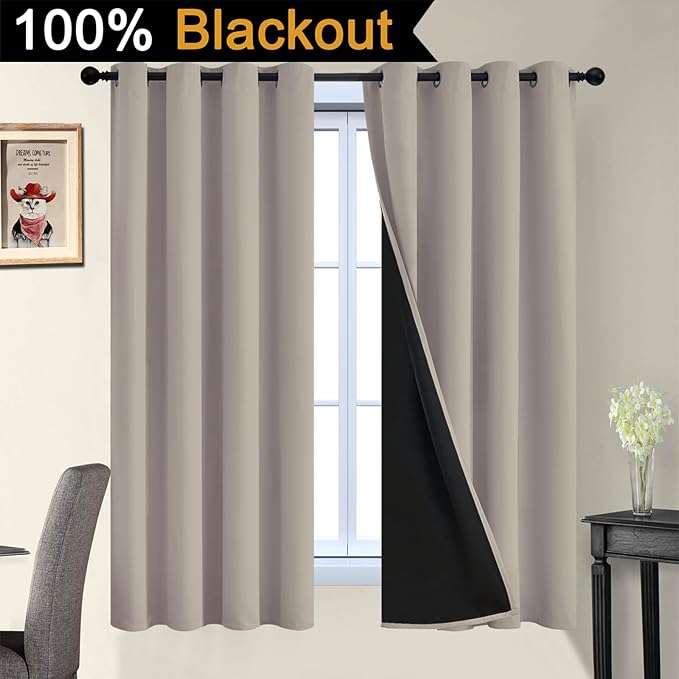 Yakamok 100% Blackout Curtains 63 Inches Long, 2 Thick Layers Heat and Full
