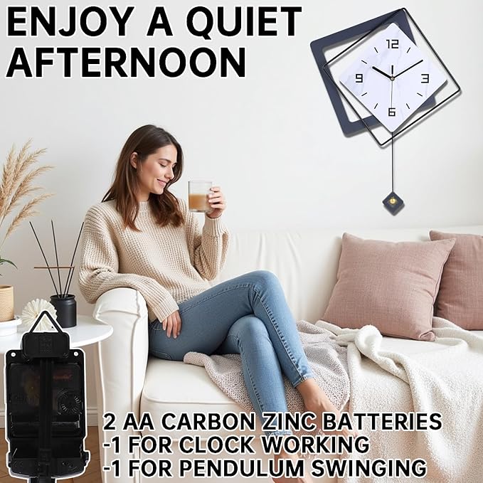 Wall Clock with Pendulum, Silent Quality Quartz Battery Operated, Metal Modern