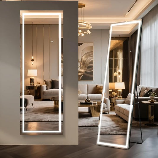 Kosmonia 65x22 Frameless Full Length Mirror, Dimmable 3 Color LED Light