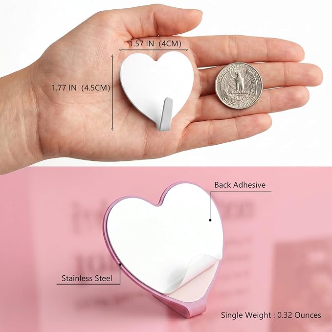 Heart Wall Hooks, 8 Pack, Cute White Decorative Accessories, Purse Hanger
