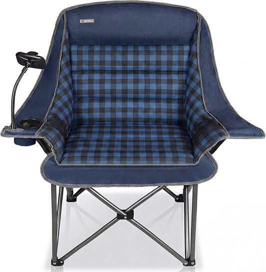 Oversized Camping Chairs for Adults- Heavy Duty Extra Large Lawn Chair,Folding Comfy Padded Camp Chair for Outdoor Sports Garden Beach Fishing,Wide&Thick,Blue Plaid