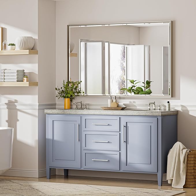 48'' x 36'' Brushed Nickel Framed Beveled Bathroom Mirror, Shatterproof