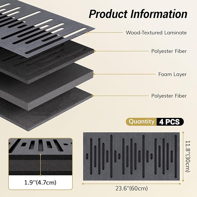TONOR 4-Pack Acoustic Wood Wall Panels, 23.6” * 11.8” * 1.9” 3D Self-adhesive