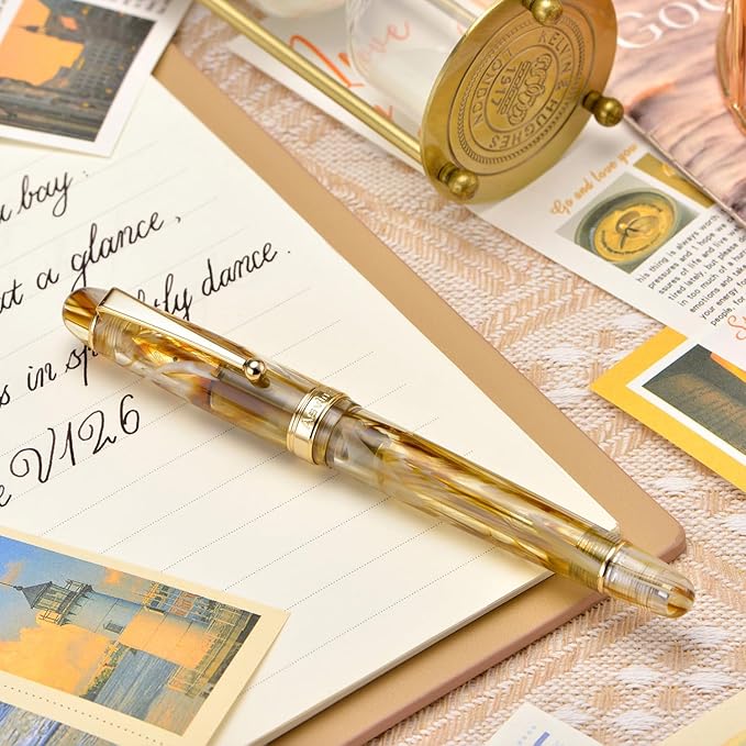 Asvine V126 Vacuum Filling Fountain Pen Extra Fine Nib, Brown Swirl Acrylic, Large-Capacity with Gift Case