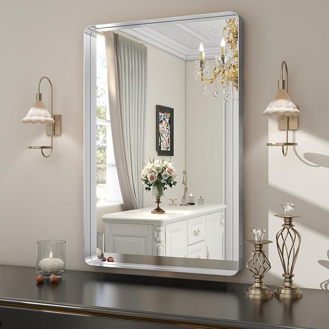 Easly Silver Bathroom Mirror for Wall, 30x22 Inch Rectangular Aluminum Alloy