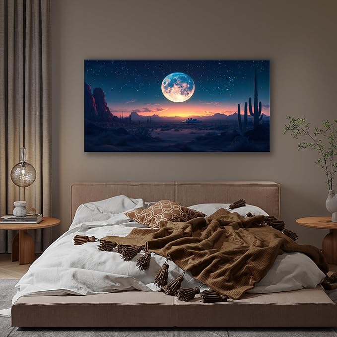 JLXART Landscape Wall Art Moon Desert Landscape Wall Art Night Wall Decor Cactus Canvas Prints Mountain Poster Pictures For Living Room 24X48inch