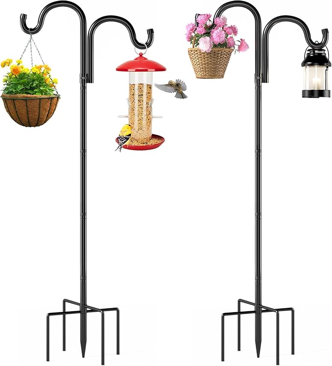 Double Shepherds Hooks for Outdoor, 60" Heavy Duty Bird Feeder Pole with 5 Prong Base, Adjustable Shepherds Hook for Bird feeders Outside, Garden, Weddings, Hanging Plants, 2 Pack, Black