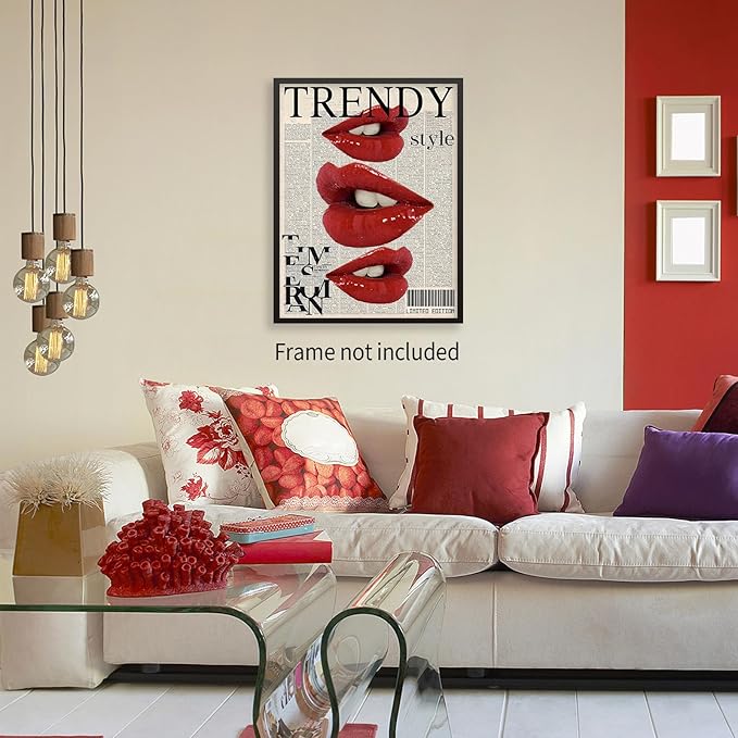 jkahh Trendy Y2k Newspaper Wall Art Vintage Red Lips Kiss Prints Poster Fashion