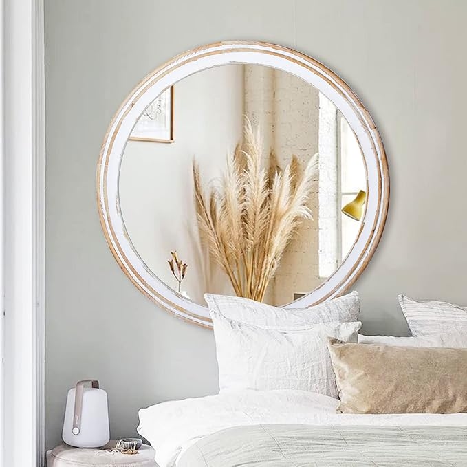 Reflinto 30 Inch Rustic Farmhouse Wooden Round Mirrors