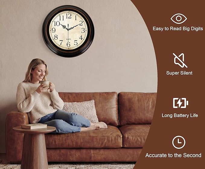 Vintage Wall Clock 16 Inch Quartz Silent Non-Ticking Analog Clock Battery