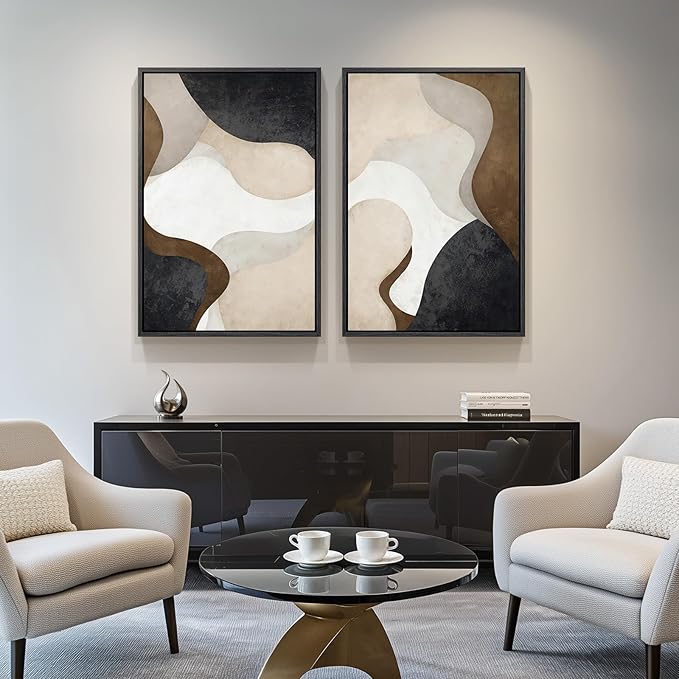 Large Framed Neutral Abstract Minimalist Wall Art Set of 2, Modern Canvas
