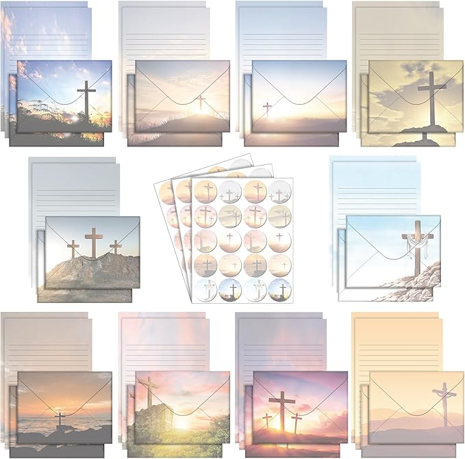 TaoBary 160 Pcs Stationery Paper Set 50 Double Sided Stationery Papers with 50 Matching Envelopes and 60 Round Dot Sticker, 10 Design(Religious Letter with Cross,5.5 x 8.25 Inch)