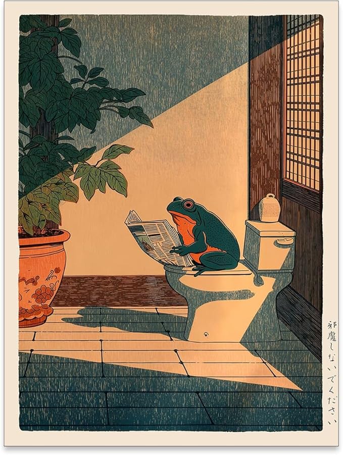 Heltrappe Vintage Japanese Wall Art Funny Frog Bathroom Canvas Print Cute