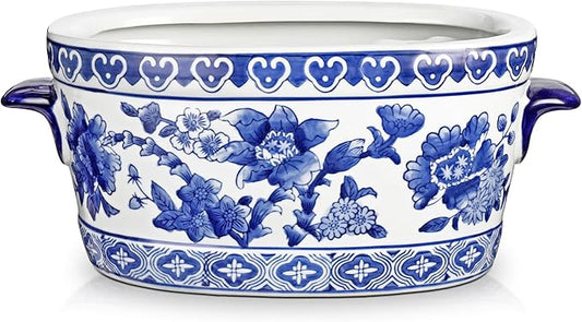 Blue and White Ceramic Planter Pot â Vintage Floral Oval Cachepot Vase for Indoor Plants, Flowers & Succulents â Glazed Chinese Porcelain Style Decorative Bowl â10.6" Size â No Drainage