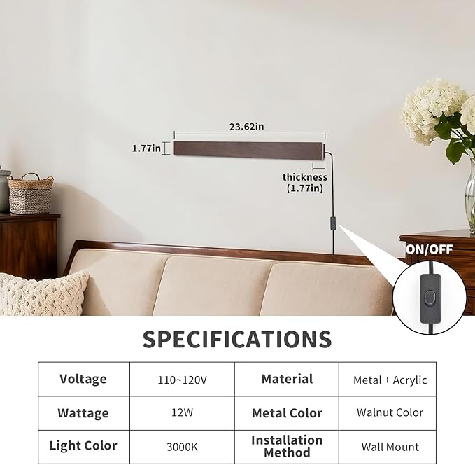 Farmhouse Plug in Wall Sconces, 23.6 inch Faux Walnut Finish LED Long Wall