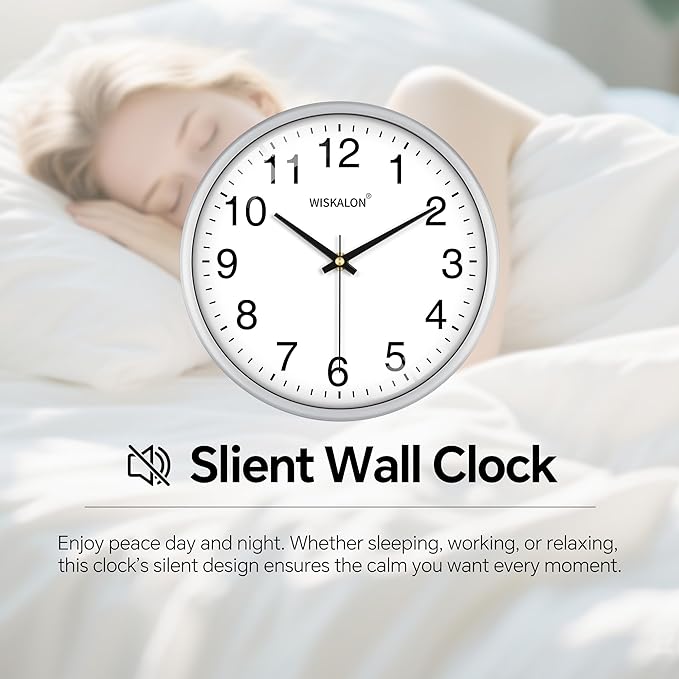 WISKALON 10 Inch Wall Clock, Silent Non-Ticking Round Silver Frame Clock