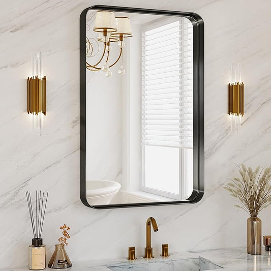 Matte Black Metal Framed Vanity Rounded Rectangle Bathroom 24X32 Inch Mirrors