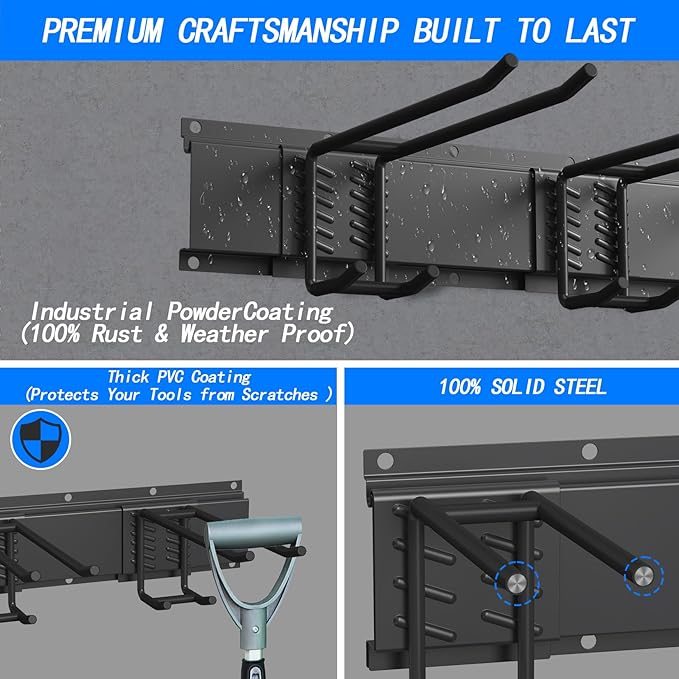 CBWLWJ Garage Tool Organizer Wall Mount, 64 inch Garage Wall Organizer, 660lbs Sturdy Garden Tool Organizer with 8 Adjustable Hooks, for Yard, Shed, Basement, Workshop(Black)