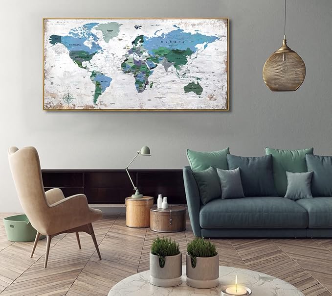 Framed Wall Art World Map Wall Art Canvas Picture 20inchx40inch Large Blue Map