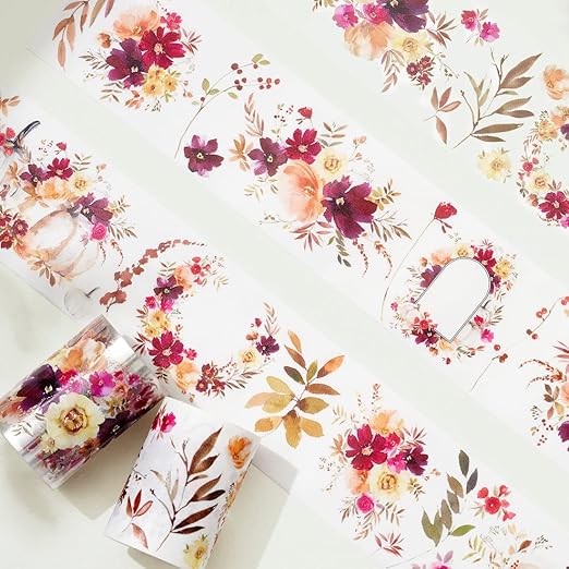 WT Autumn Rose Wide PET Tape, Single Roll, Original Designs, Floral Decorative Tape, Transparent Craft Tape for Bujo Planner & DIY Supplies, Watercolor Flowers