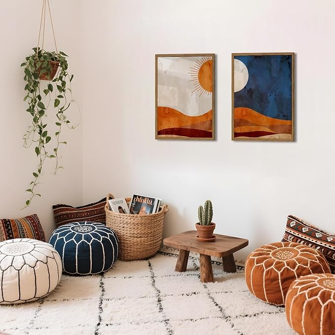 Framed Boho Sun and Moon Canvas Wall Art Set of 2, Vintage Western Desert
