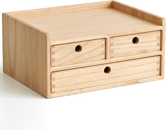 KIRIGEN Wood Organizer Shelf with 3 Drawers for Home Kicthen Decor Office Supplies Desktop Cabinet for Drawer Organizer - Desk Accessories Storage Box -Countertop Shelf Natural（DT2D3C-NA）