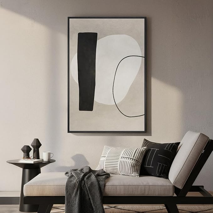 Framed Modern Black and White Neutral Abstract Wall Art, Minimalist Abstract