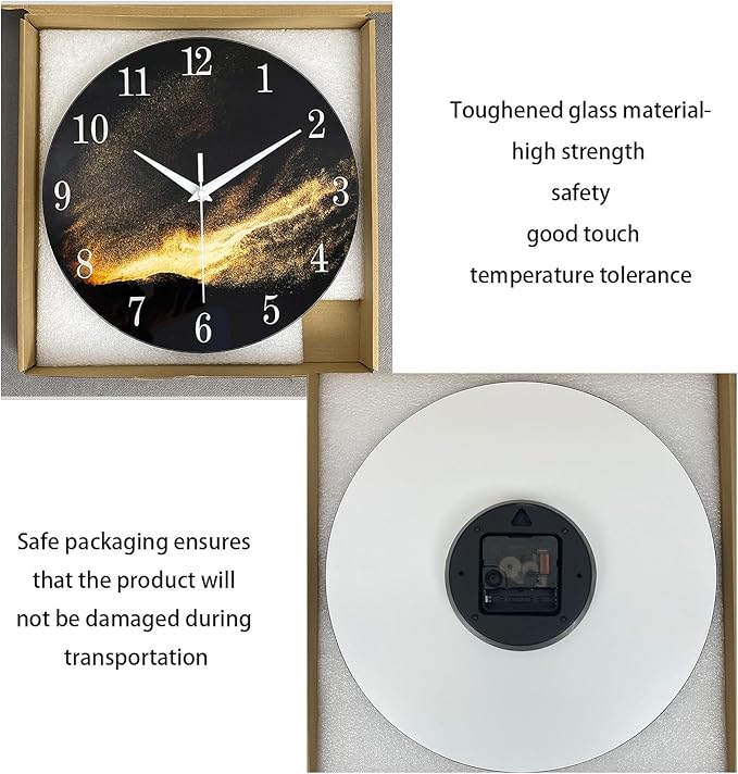 Black Wall Clock for Living Room 14 Inch Glass Analog Wall Clock Battery