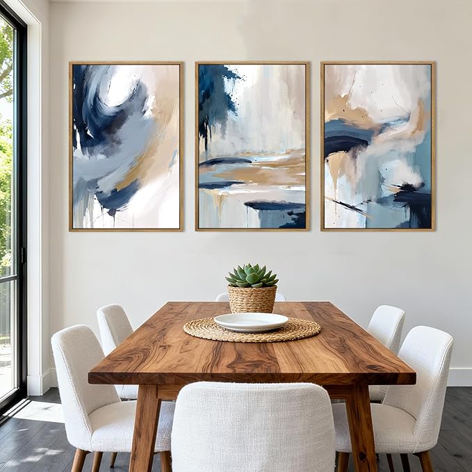 Anyzal Extra Large Blue Abstract Wall Art Framed 24x36 Inch Neutral Modern Canvas Wall Decor Minimalist Pastel Artwork for Living Room Bedroom Dining room Set of 3