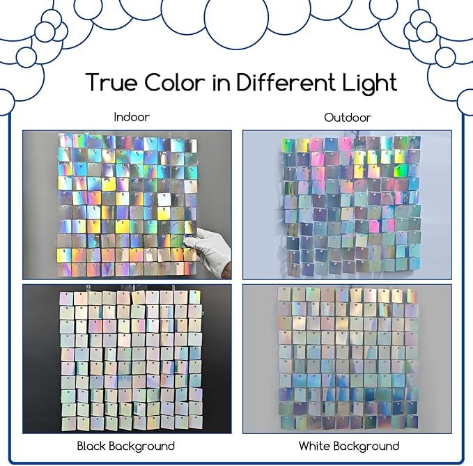 COKAOBE Iridescent Silver Shimmer Wall Backdrop, 24 Panels Square Sequin