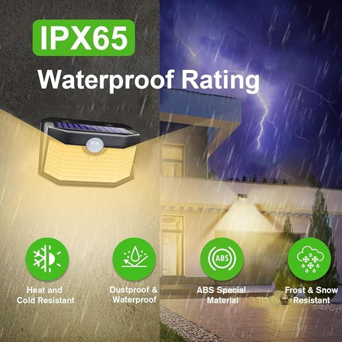 HMCITY 120 LED Outdoor Solar Lights- with Motion Sensor and 3 Lighting Modes, IP65 Waterproof Wide Solar Wall Lights Ideal for Garden Patio Yard (Front Button 2Packs, Black Shell-Warm White)