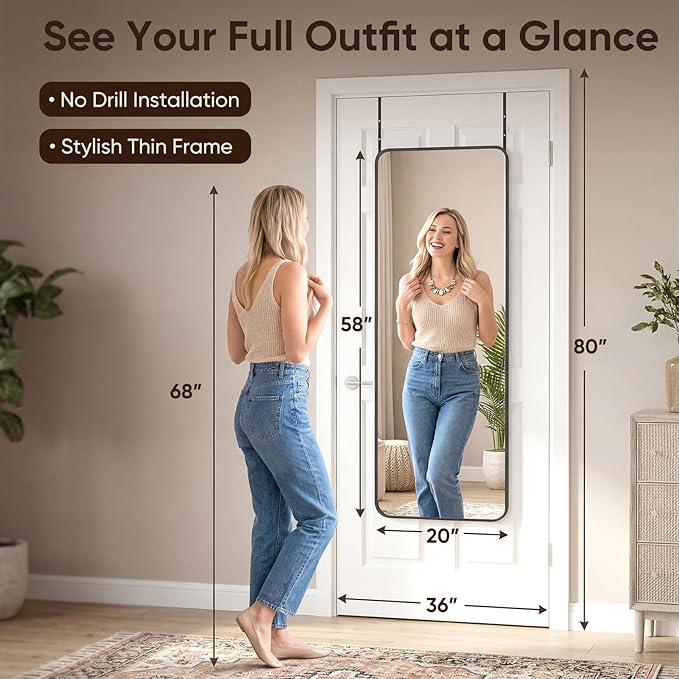 Antok 58"x20" Over the Door Mirror, Full Length Mirror Door Hanging