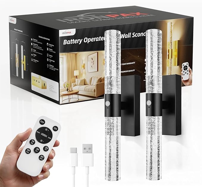 IRONPAX Wall Sconces Battery Operated Set of 2, Wireless Rechargeable Wall