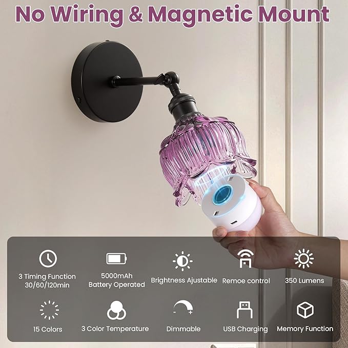 Vintage Wall Sconce - 5000mAh Rechargeable Dimmable Wireless Powered Light